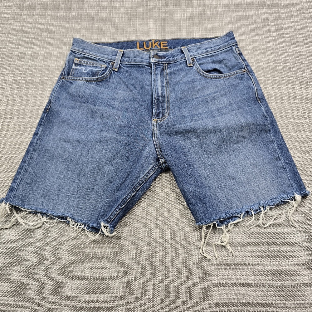 Kimes Ranch Luke Denim Shorts Mens 32 Blue Cutoff Frayed Hem Cowboy Made USA